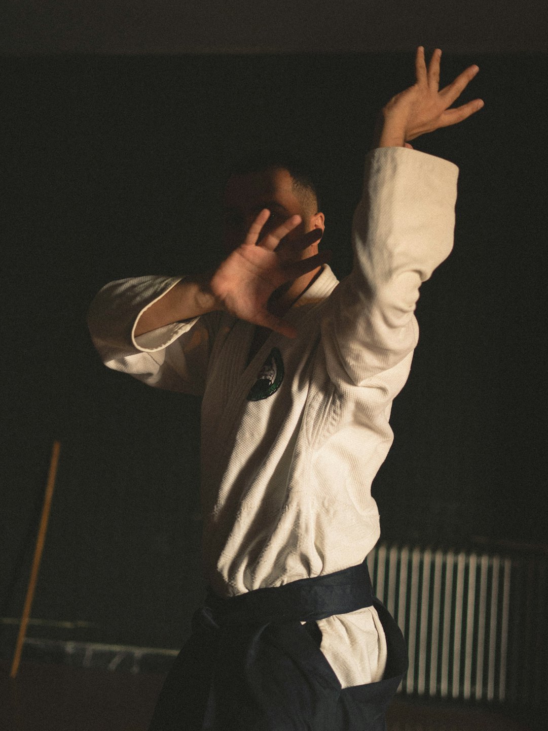 Artista marziale in kimono bianco in posa dinamica.