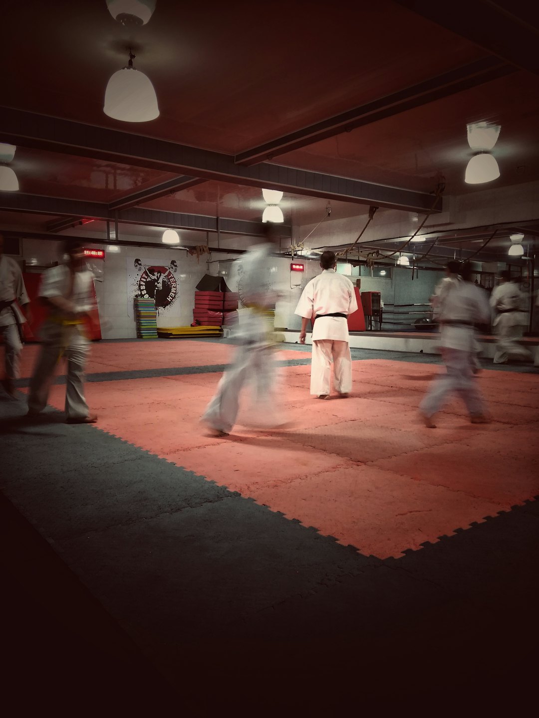 Persone che praticano arti marziali sui tappeti in un dojo.